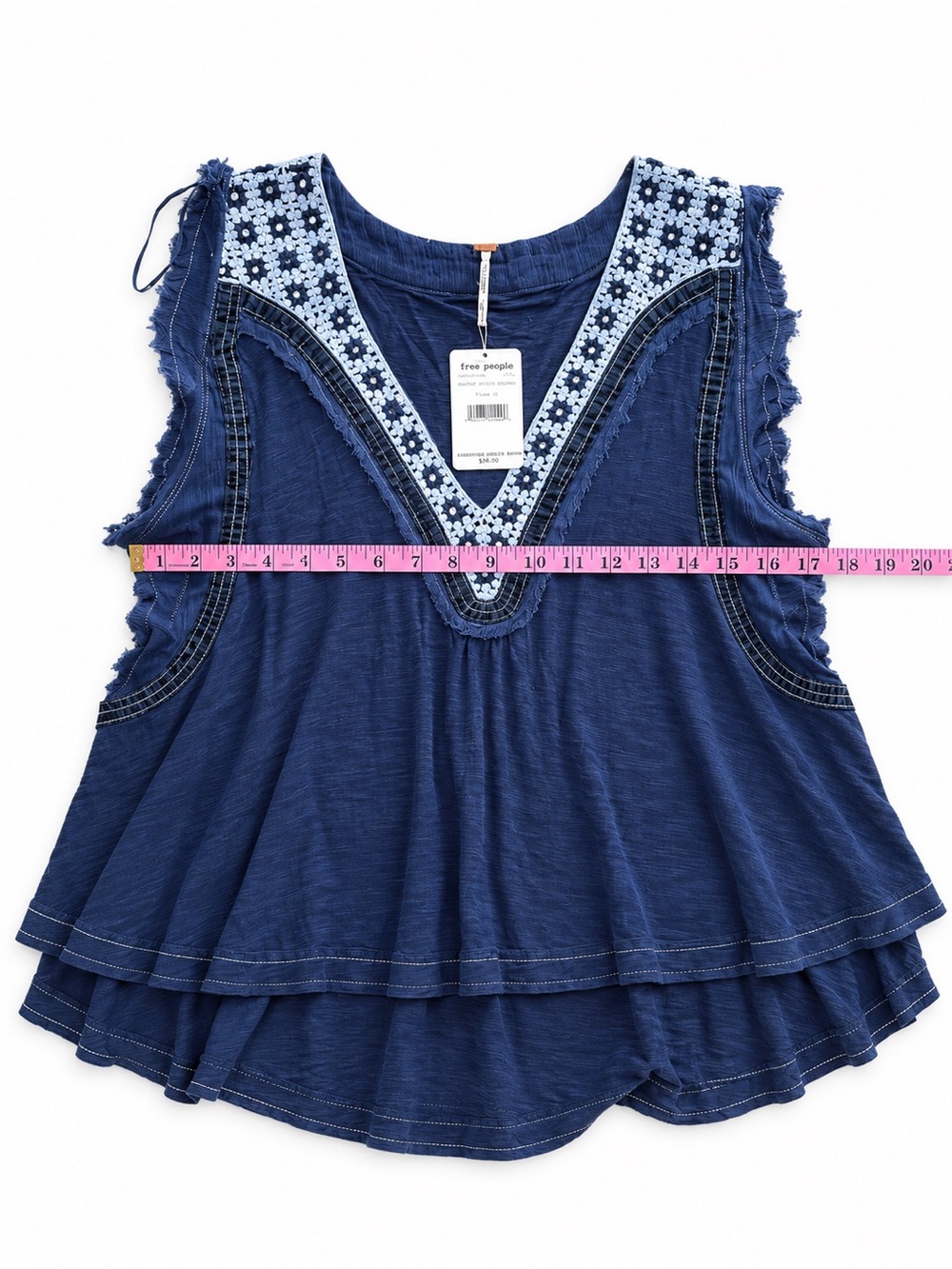 Free People Navy Blue Embroidered V-Neck Layered Tank